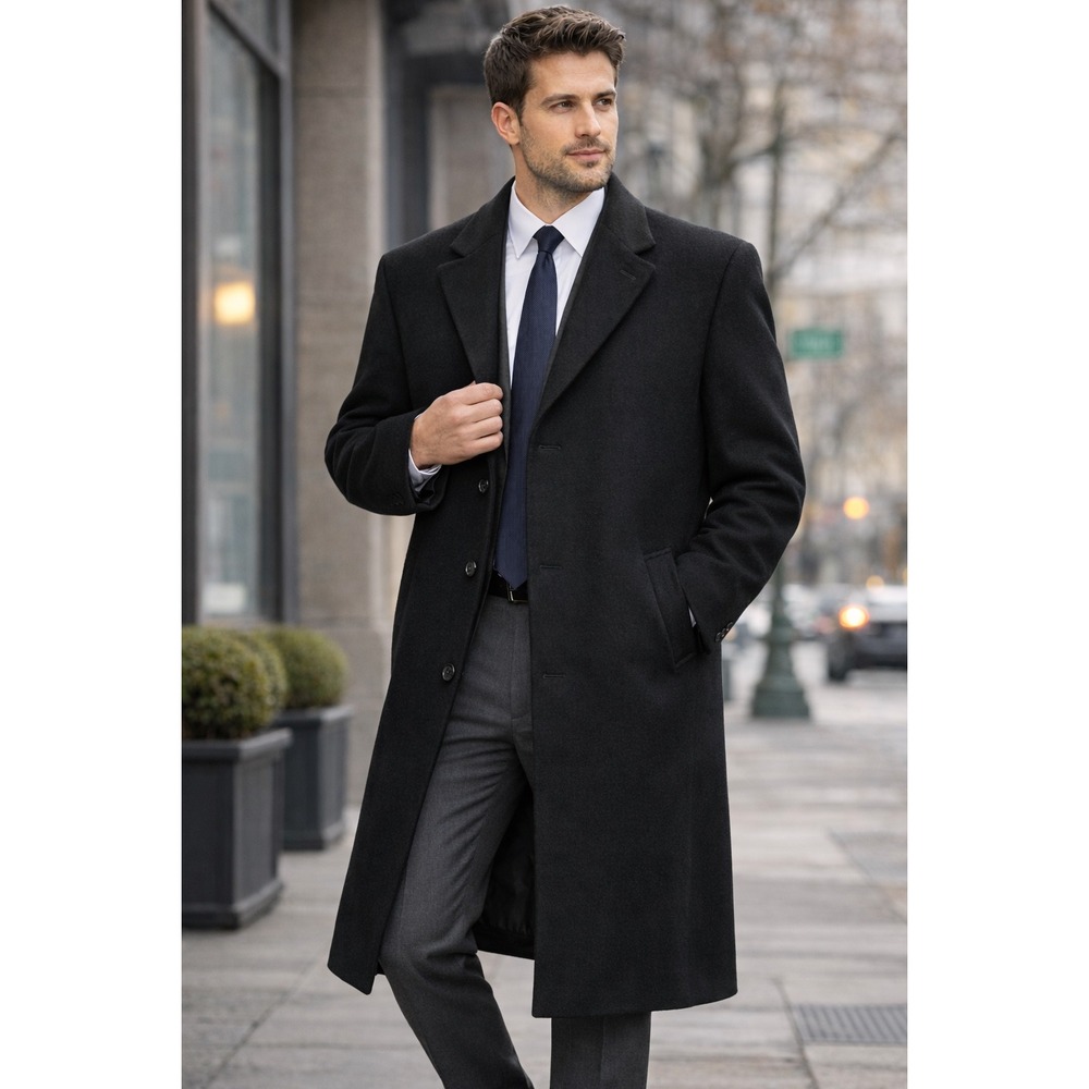 Chaps Wool Blend Overcoat Black Mens 48L Long Topcoat Classicβ